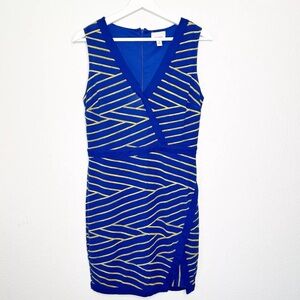 Ambar Blue Asymmetric Sleeves Yellow Striped Knit Dress M